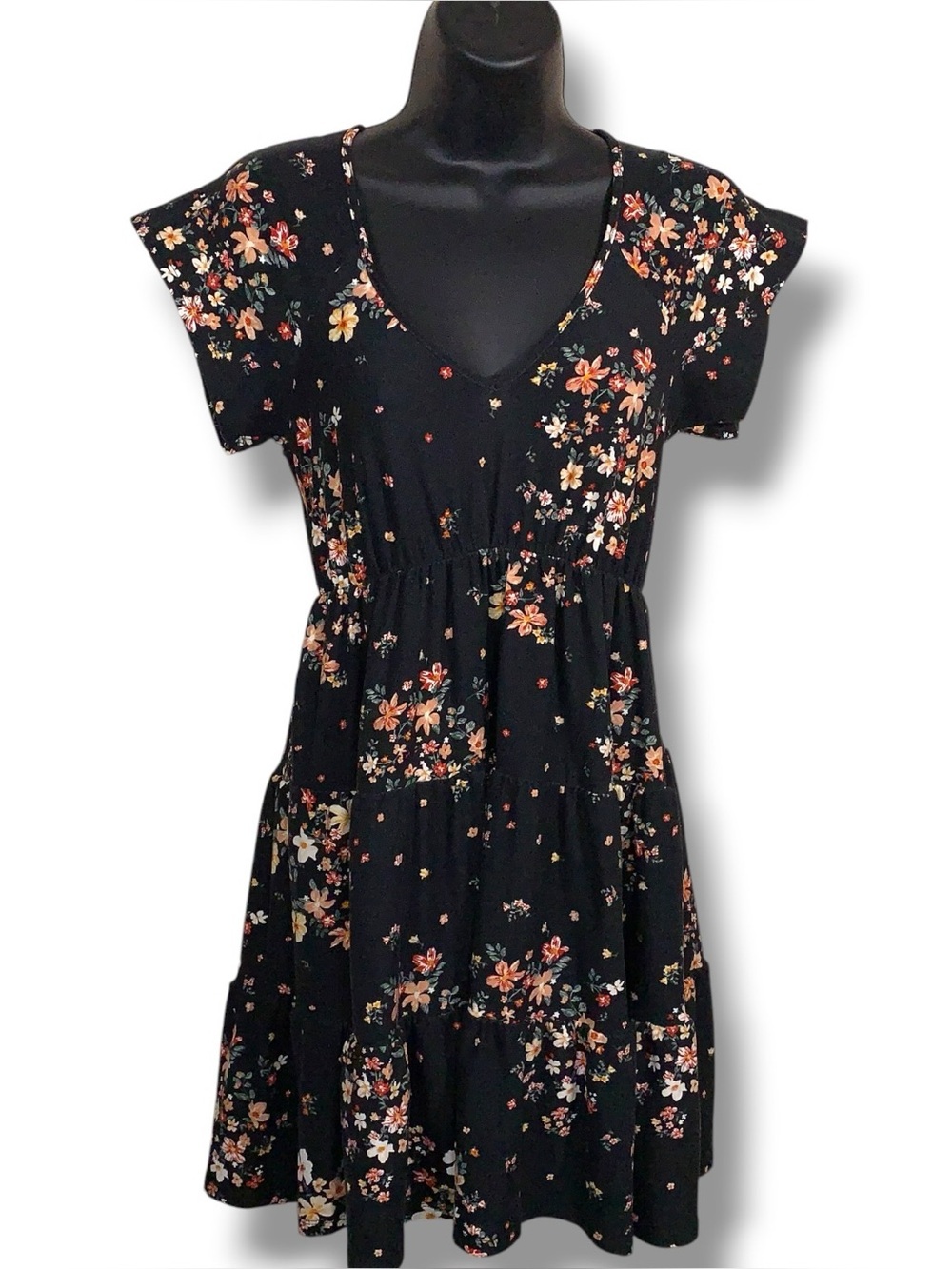 Juniors Small Derek Heart Black Floral Print Mini Dress Tunic Vneck Orange Pink